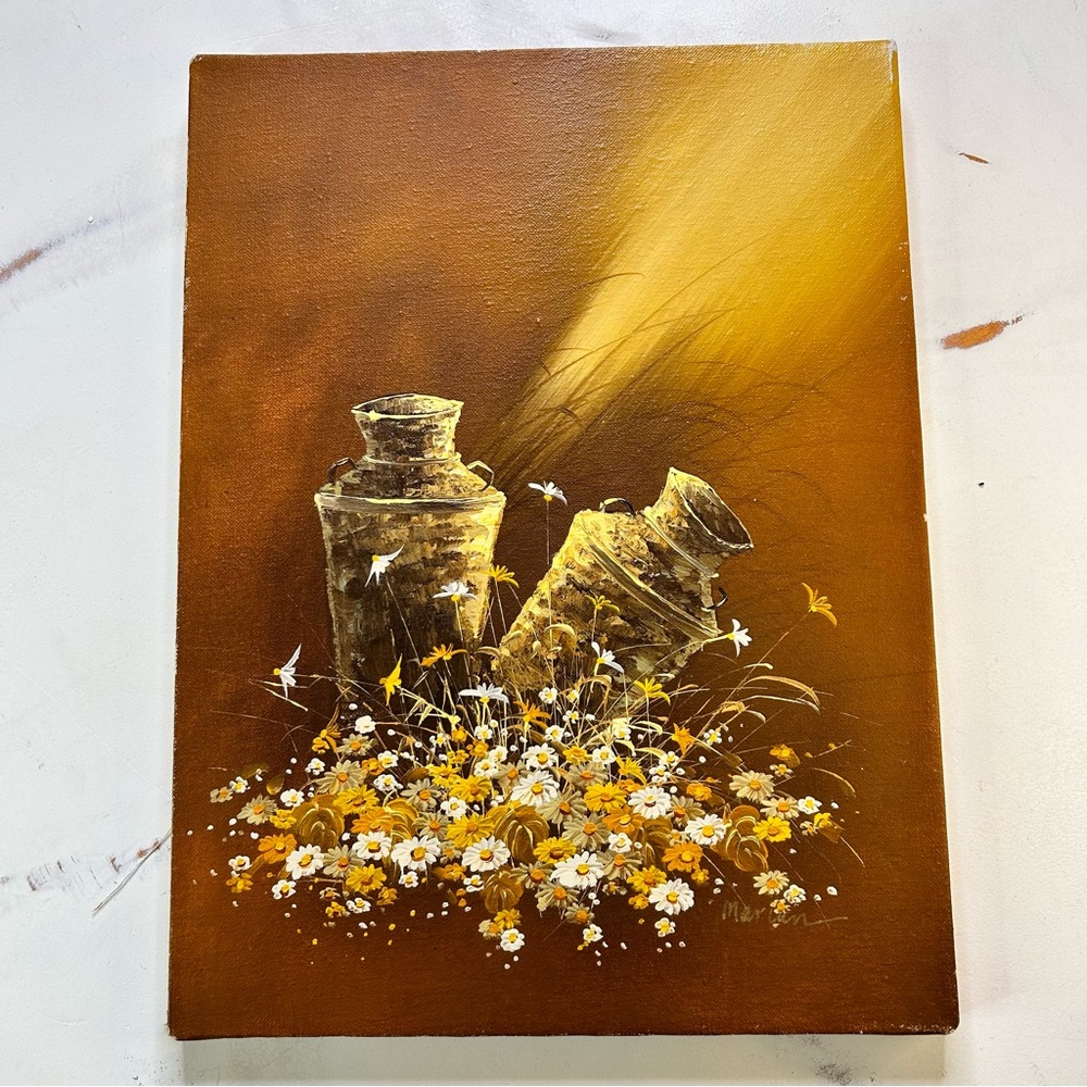 Vintage Boho Daisies Signed Original Canvas Oil Painting